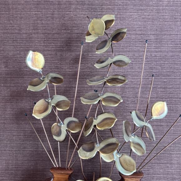 Vintage Metal Leaf Wood Vase Wall Hanging – Gold Eucalyptus Trio – Mid Century - Picture 4 of 14